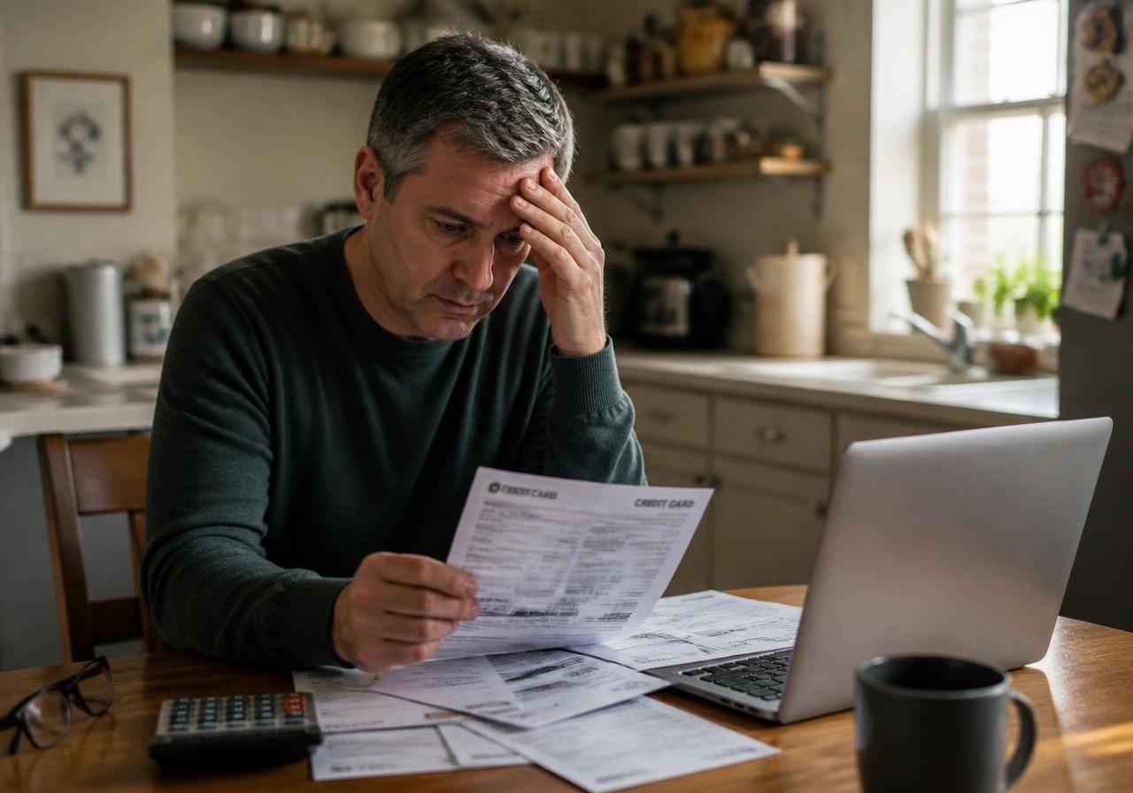 Adult at a kitchen table reviewing credit card statements with a laptop and calculator